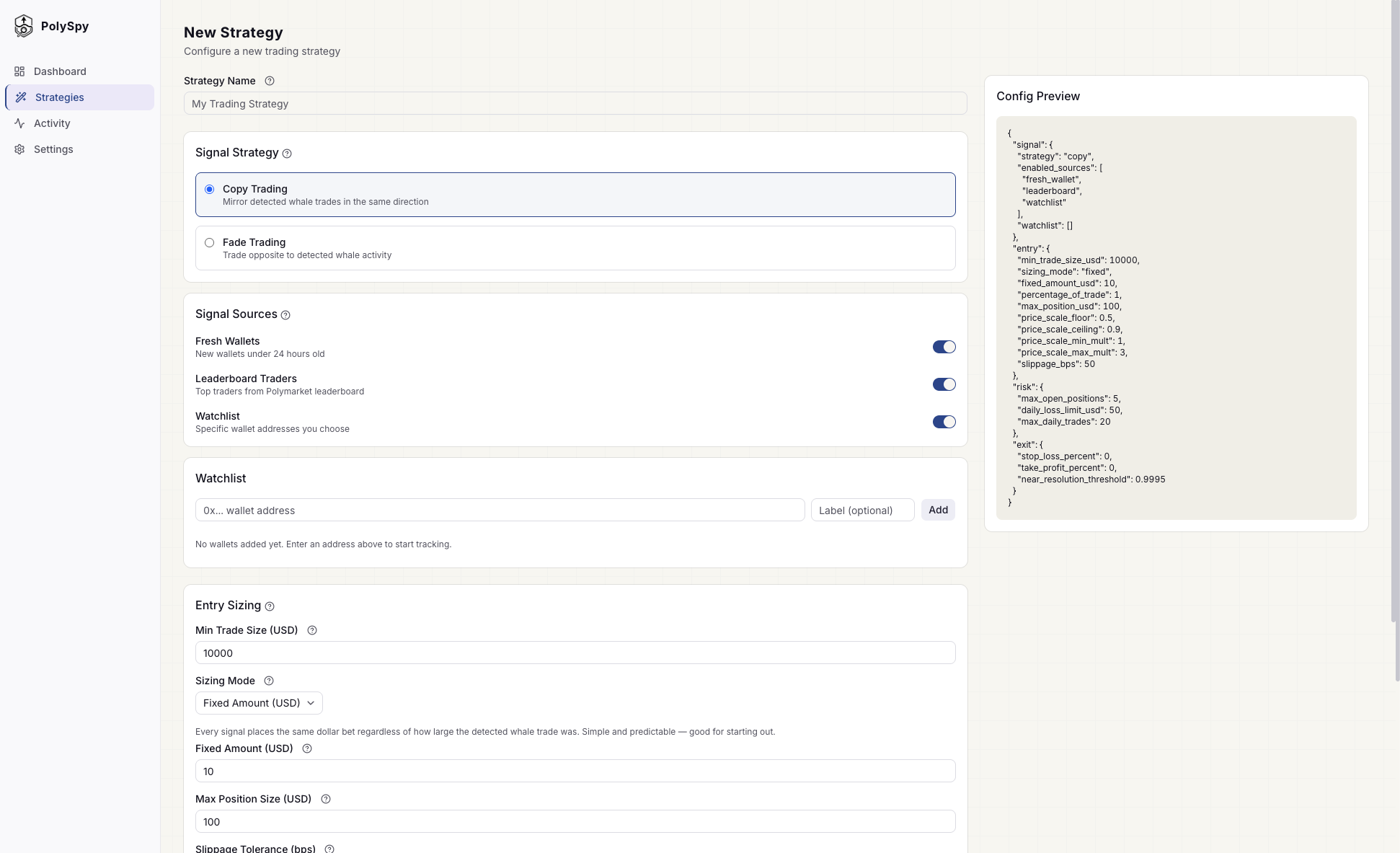 PolySpy strategy builder showing signal configuration, trade sizing, and risk controls